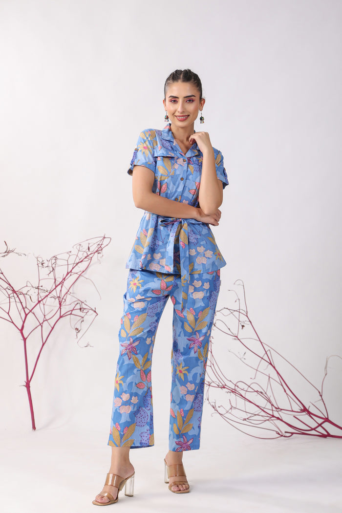 Flowers on Blue Cotton Loungewear Top Set