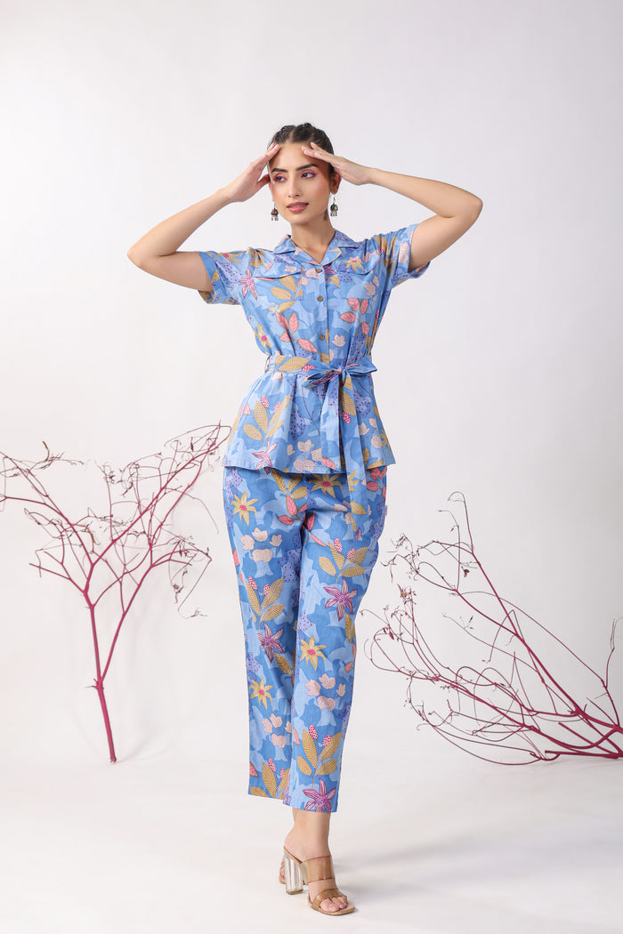 Flowers on Blue Cotton Loungewear Top Set