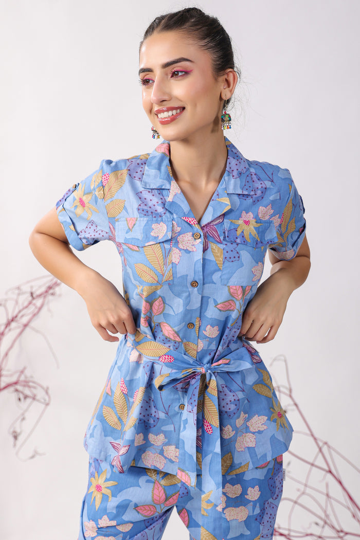Flowers on Blue Cotton Loungewear Top Set