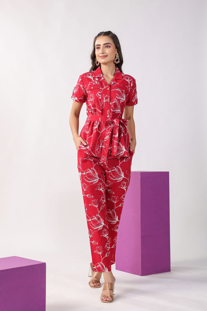Flowing Jaal on Maroon Cotton Flex Loungewear Top Set