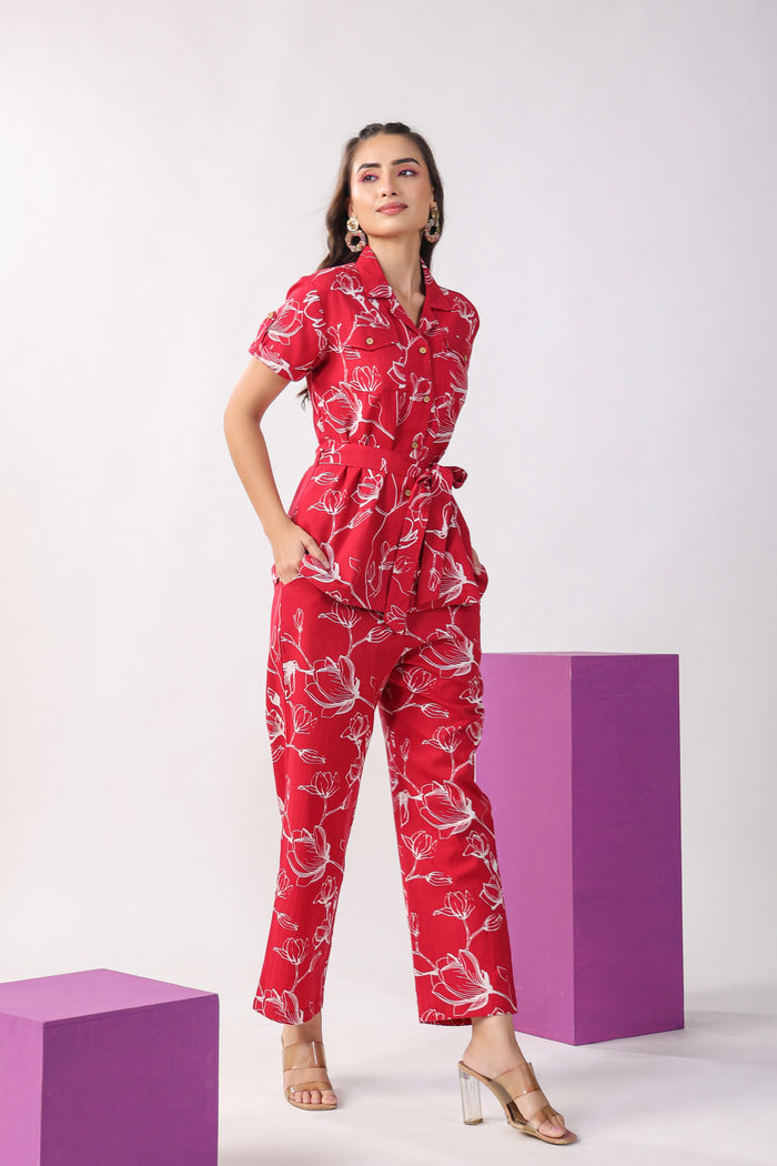 Flowing Jaal on Maroon Cotton Flex Loungewear Top Set