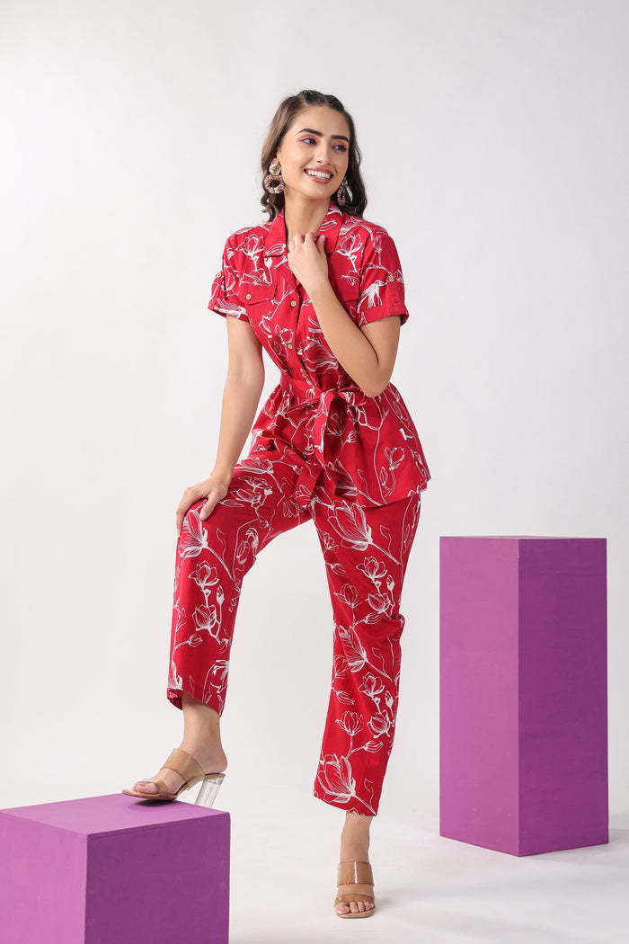 Flowing Jaal on Maroon Cotton Flex Loungewear Top Set