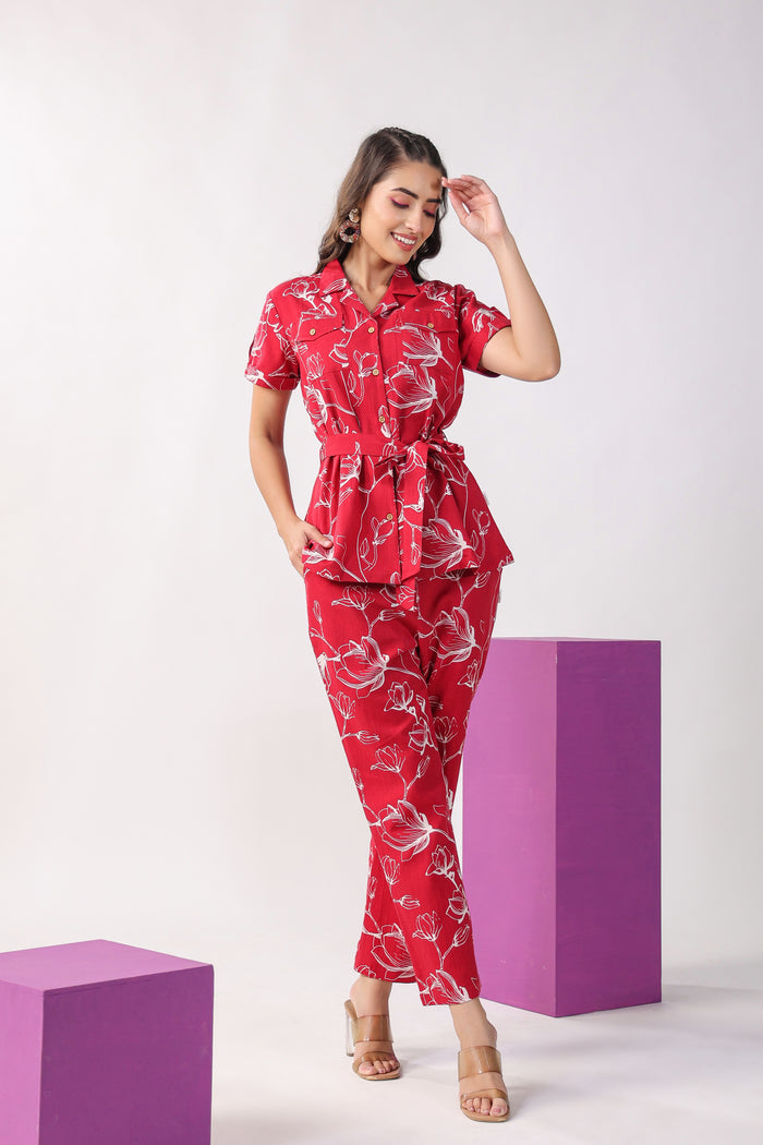 Flowing Jaal on Maroon Cotton Flex Loungewear Top Set