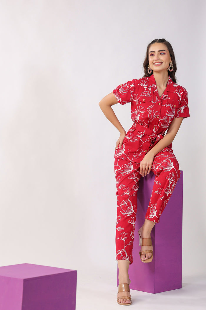 Flowing Jaal on Maroon Cotton Flex Loungewear Top Set
