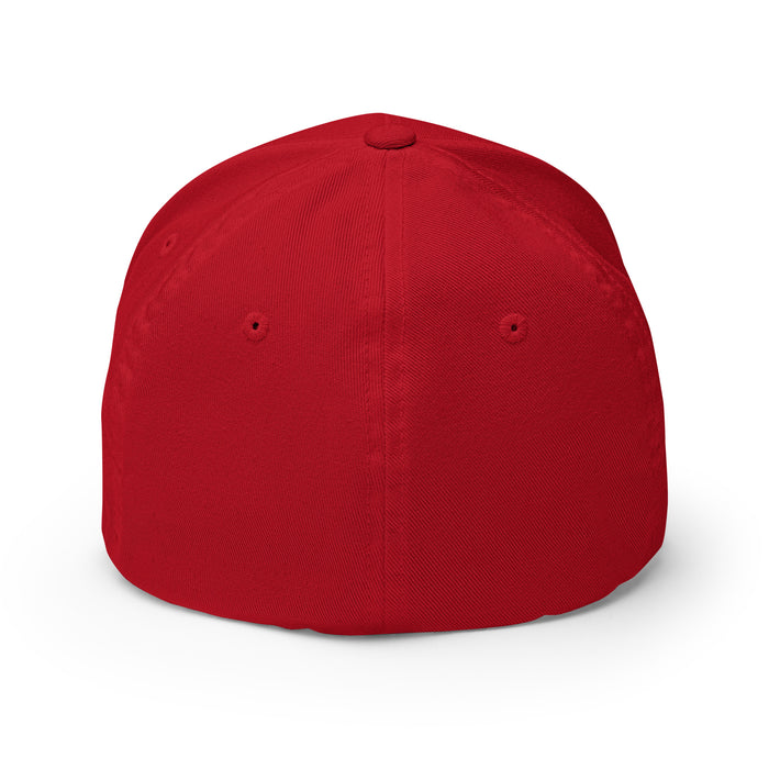 Structured red Cotton Twill Hat with curved visor and white embroidered statement