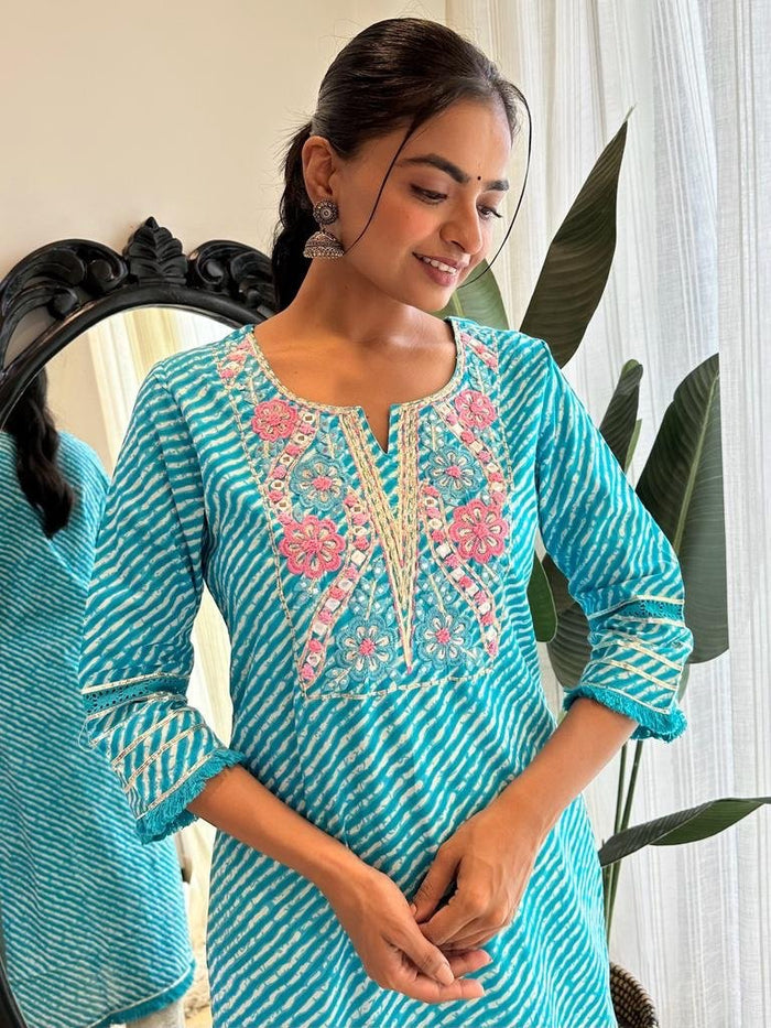 Fringe Light Blue Leheriya Kurta