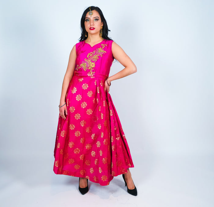 Fuchsia with Gold Embroidery Silk Gown