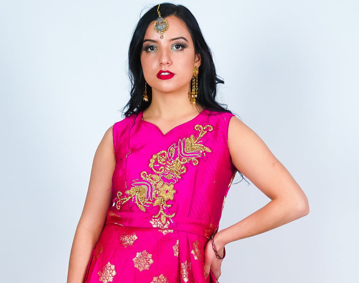 Fuchsia with Gold Embroidery Silk Gown