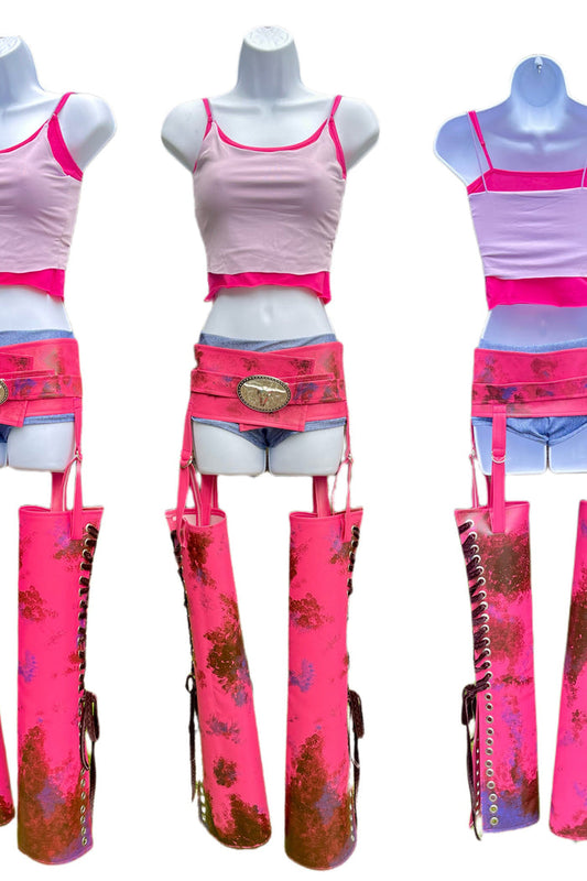 Futuristic Racer Inspired Cosplay Costume – Handmade Dance Festival Top, Shorts & Pleather Chaps Set