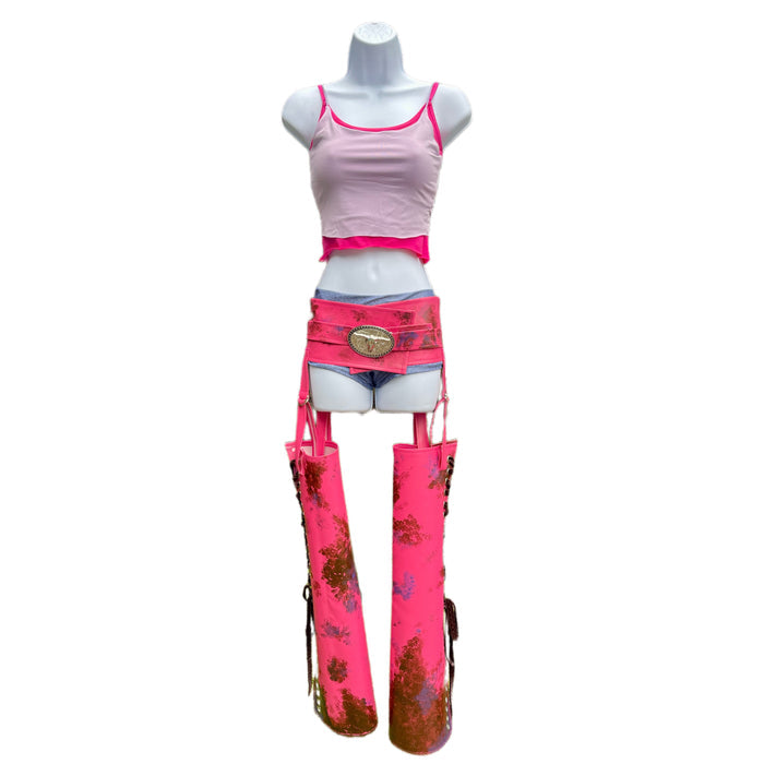 Futuristic Racer Inspired Cosplay Costume – Handmade Dance Festival Top, Shorts & Pleather Chaps Set