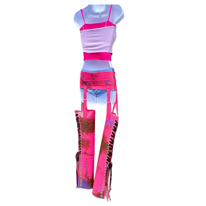 Futuristic Racer Inspired Cosplay Costume – Handmade Dance Festival Top, Shorts & Pleather Chaps Set