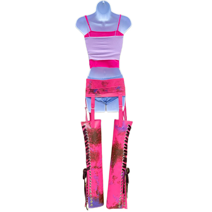 Futuristic Racer Inspired Cosplay Costume – Handmade Dance Festival Top, Shorts & Pleather Chaps Set