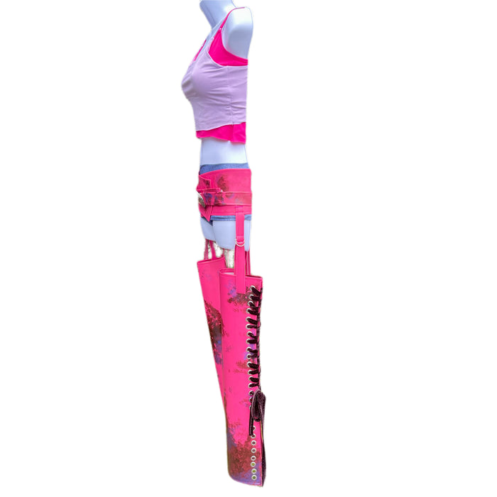 Futuristic Racer Inspired Cosplay Costume – Handmade Dance Festival Top, Shorts & Pleather Chaps Set