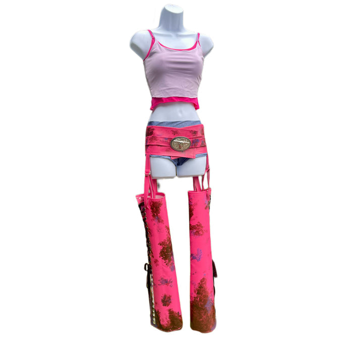 Futuristic Racer Inspired Cosplay Costume – Handmade Dance Festival Top, Shorts & Pleather Chaps Set