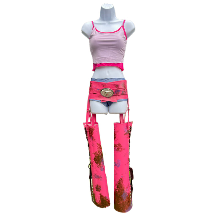 Futuristic Racer Inspired Cosplay Costume – Handmade Dance Festival Top, Shorts & Pleather Chaps Set