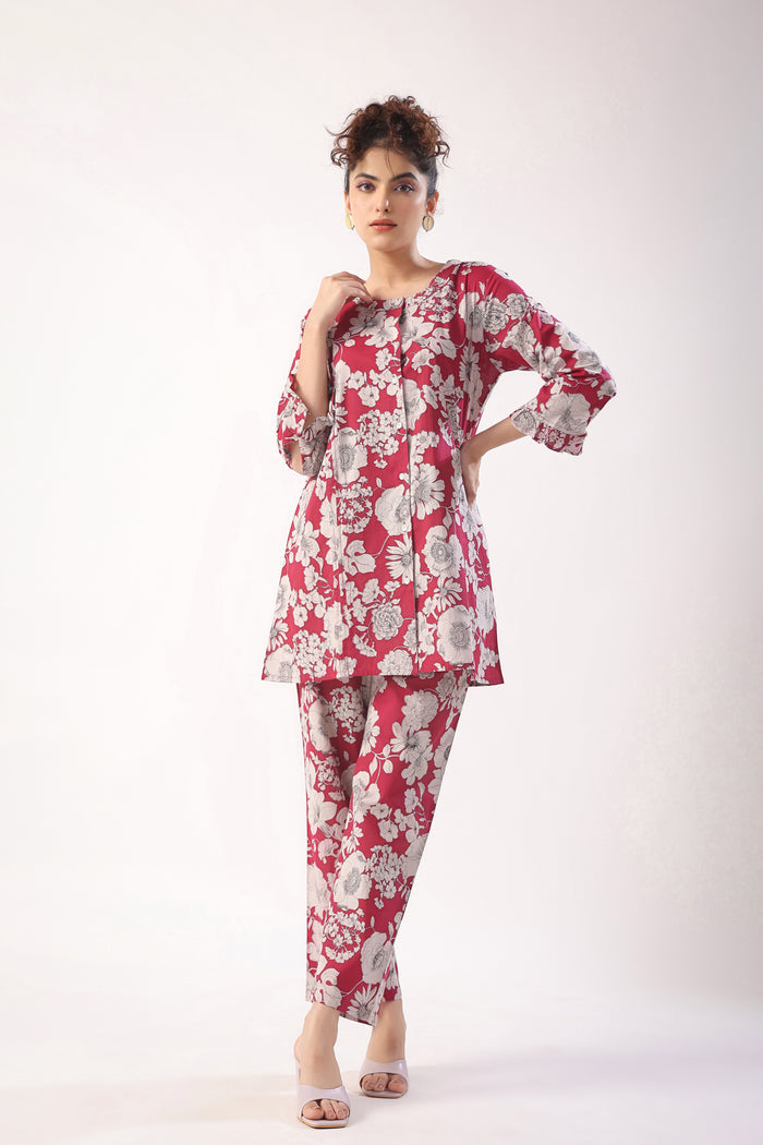 Garnet Gala Wine Cotton Loungewear Top Set