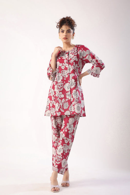 Garnet Gala Wine Cotton Loungewear Top Set