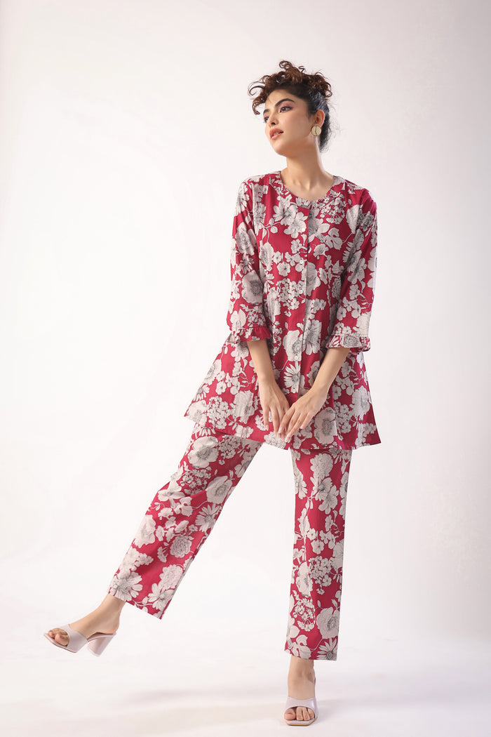 Garnet Gala Wine Cotton Loungewear Top Set