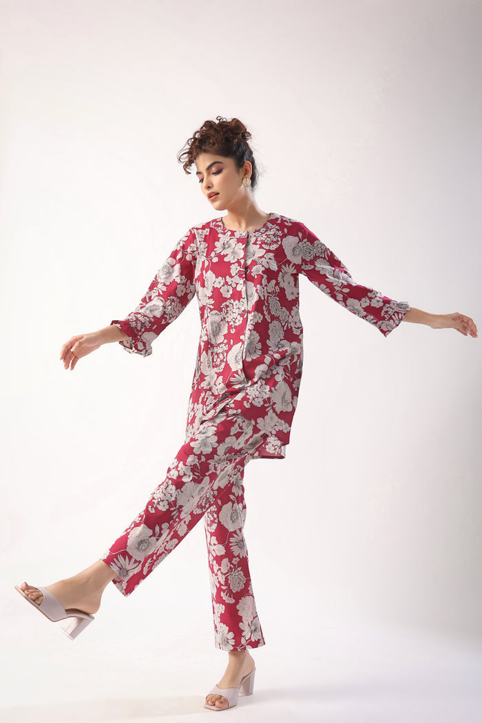 Garnet Gala Wine Cotton Loungewear Top Set