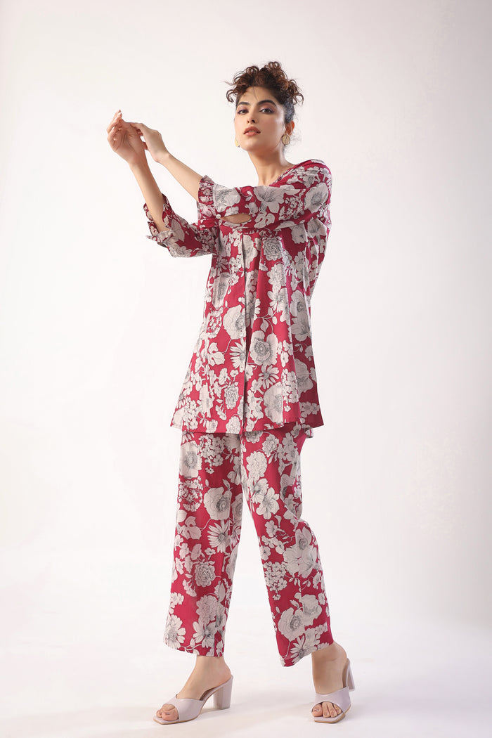 Garnet Gala Wine Cotton Loungewear Top Set