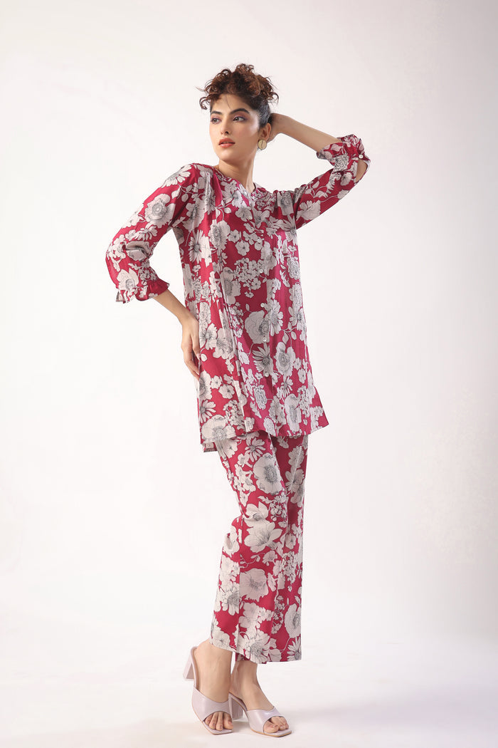 Garnet Gala Wine Cotton Loungewear Top Set