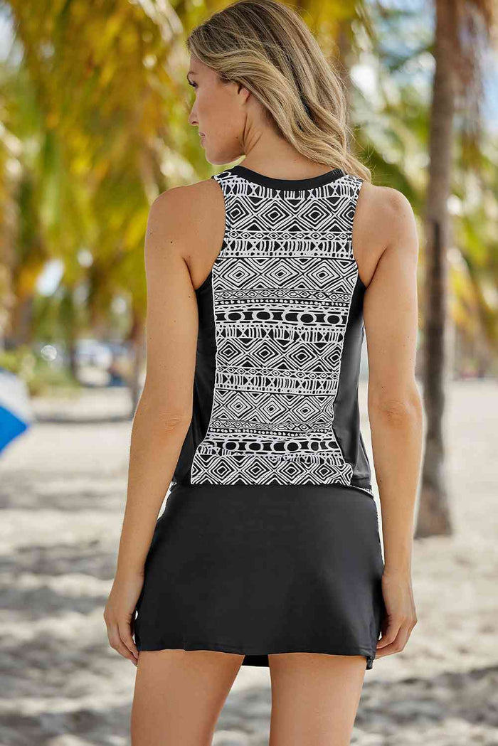 Geometric Print Color Block Swim Top and Skirt Set - Madikfashions.com