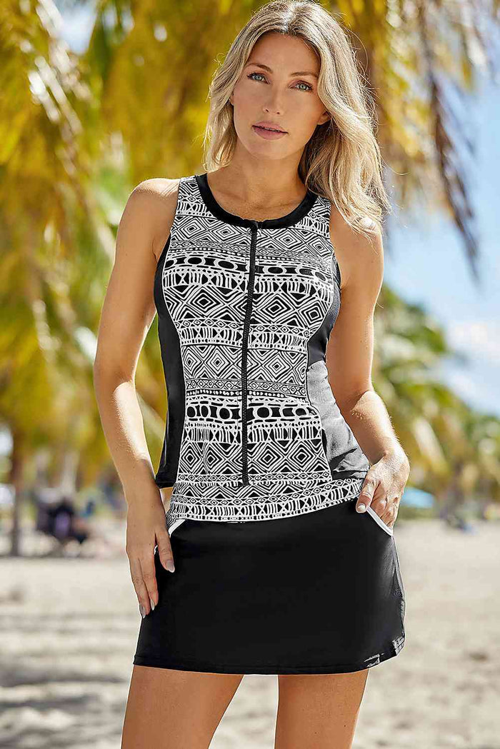 Geometric Print Color Block Swim Top and Skirt Set - Madikfashions.com