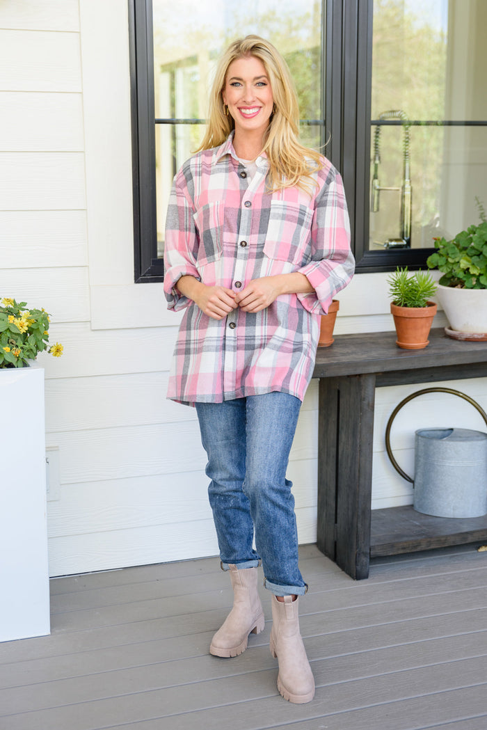 Go For It Oversize Plaid Flannel Shacket In Pink