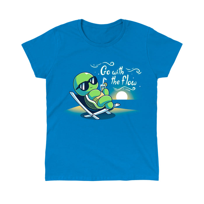 Classic Cotton T-shirt_Teeturtle sapphire blue Go with the Flow apparel featuring a turtle lounging on a beach chair with a tropical drink and sunglasses as the sun sets in the distance with the words 'Go with the Flow' to one side.