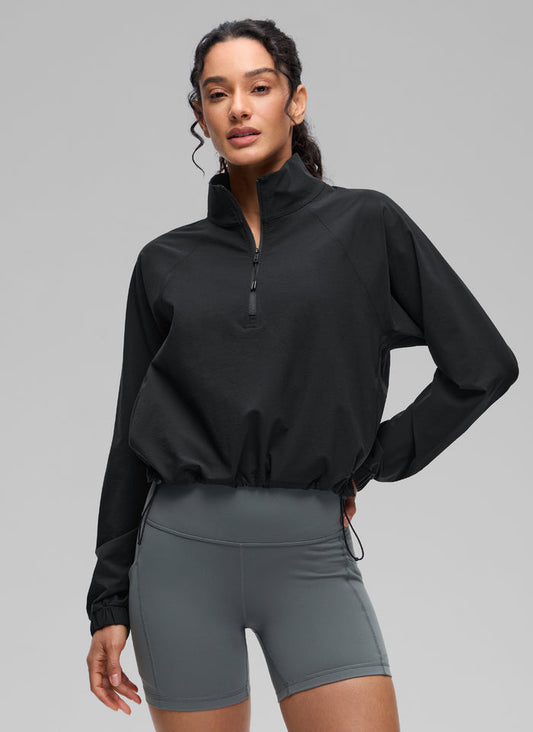 CRZ YOGA Women's Casual Half-Zip Waist Length Pocket Long Sleeves Black