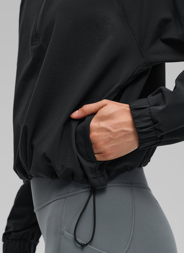CRZ YOGA Women's Casual Half-Zip Waist Length Pocket Long Sleeves Black