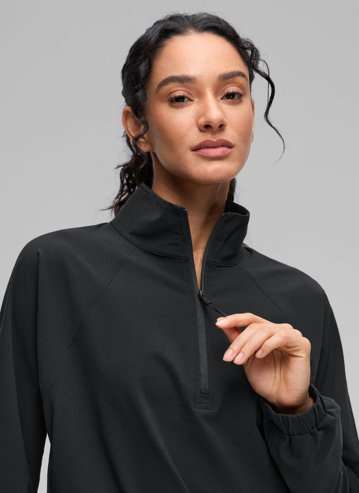 CRZ YOGA Women's Casual Half-Zip Waist Length Pocket Long Sleeves Black