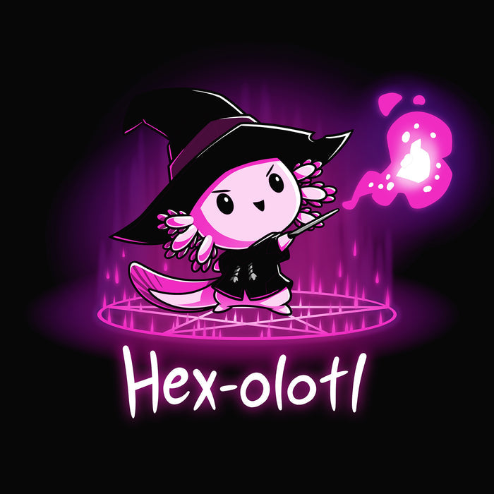 Premium Cotton T-shirt_TeeTurtle Hex-olotl black t-shirt featuring an illustration of a cartoon axolotl witch wearing a black witch's hat and black robe holding a wand and casting a spell with vibrant pink/purple magical energy emanating from the wand while standing on a pentagram with "Hex-olotl" written underneath. The colors within the design are a gradient of deep purple and magenta hues.