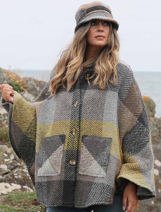 Holly Tweed Herringbone Cape - Donegal Mustard Grey #color_donegal-mustard-grey