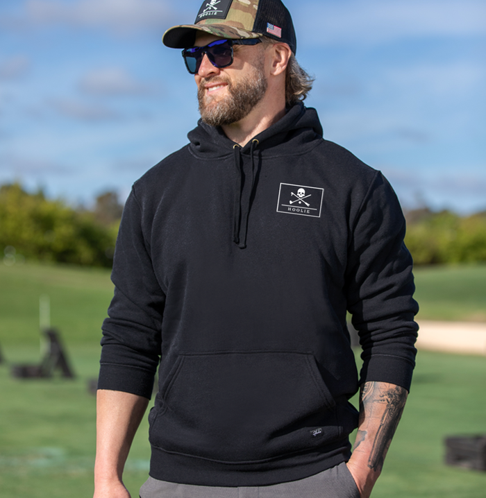 Black Hoolie Roger Men’s Golf Hoodie with screen-printed Roger skull chest logo.