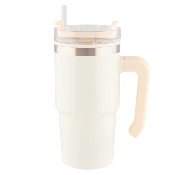White insulated mug with a handle and straw lid