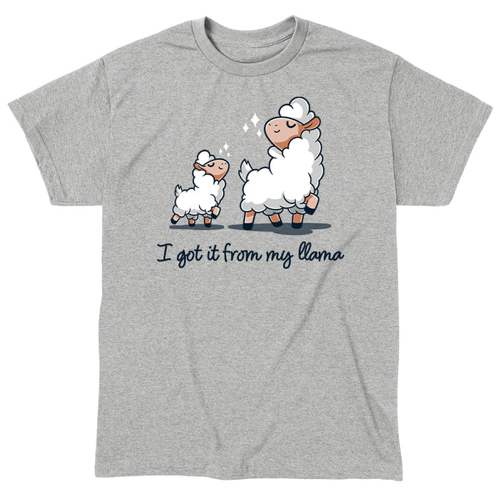 Classic Cotton T-shirt_Teeturtle I Got It From my Llama heather gray t-shirt featuring a little white llama and her mama llama both strutting their stuff happily with the pun filled sentence 'I got it from my Llama' beneath.