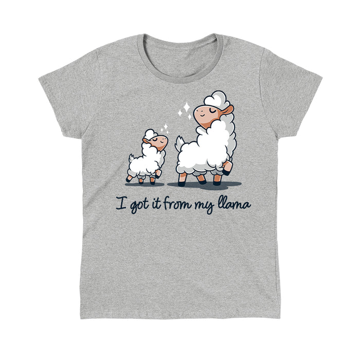 Classic Cotton T-shirt_Teeturtle I Got It From my Llama heather gray t-shirt featuring a little white llama and her mama llama both strutting their stuff happily with the pun filled sentence 'I got it from my Llama' beneath.