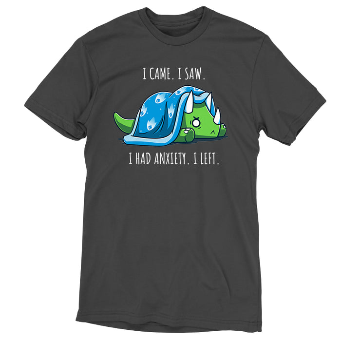 Premium Cotton T-shirt_Teeturtle charcoal gray I Had Anxiety. I Left. apparel featuring an anxious-looking triceratops hiding under a weighted blanket with the caption 'I came. I saw. I had Anxiety. I left.'