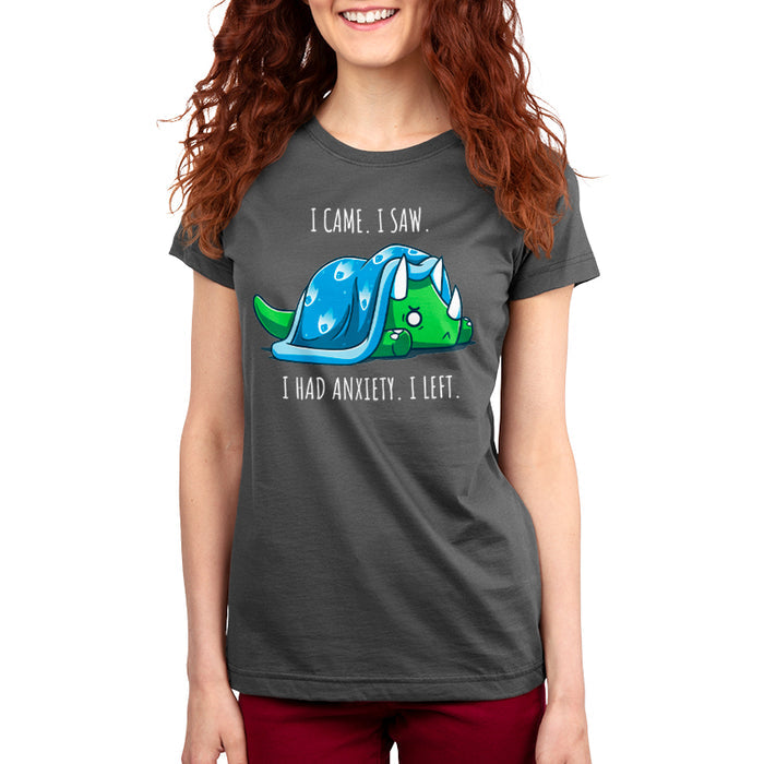 Premium Cotton T-shirt_Teeturtle charcoal gray I Had Anxiety. I Left. apparel featuring an anxious-looking triceratops hiding under a weighted blanket with the caption 'I came. I saw. I had Anxiety. I left.'