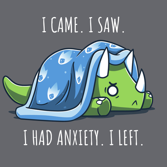 Classic Cotton T-shirt_Teeturtle charcoal gray I Had Anxiety. I Left. apparel featuring an anxious-looking triceratops hiding under a weighted blanket with the caption 'I came. I saw. I had Anxiety. I left.'