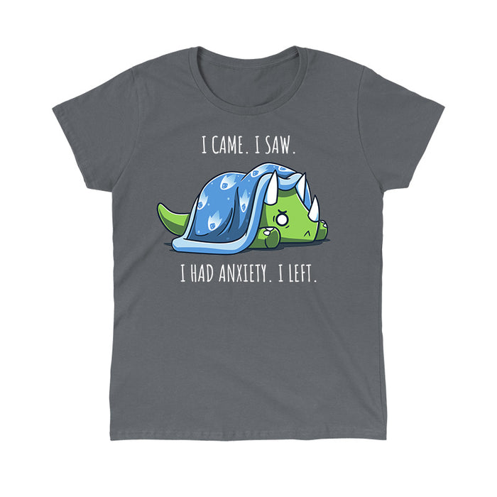 Classic Cotton T-shirt_Teeturtle charcoal gray I Had Anxiety. I Left. apparel featuring an anxious-looking triceratops hiding under a weighted blanket with the caption 'I came. I saw. I had Anxiety. I left.'