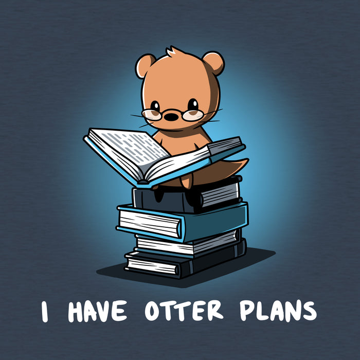 Classic Cotton T-shirt_Teeturtle heather navy I Have Otter Plans apparel featuring a studious-looking otter in reading glasses reading a book while sitting on a pile of books. Caption reads 'I Have Otter Plans'.