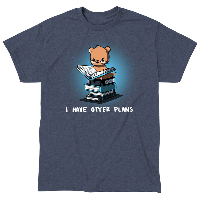 Classic Cotton T-shirt_Teeturtle heather navy I Have Otter Plans apparel featuring a studious-looking otter in reading glasses reading a book while sitting on a pile of books. Caption reads 'I Have Otter Plans'.