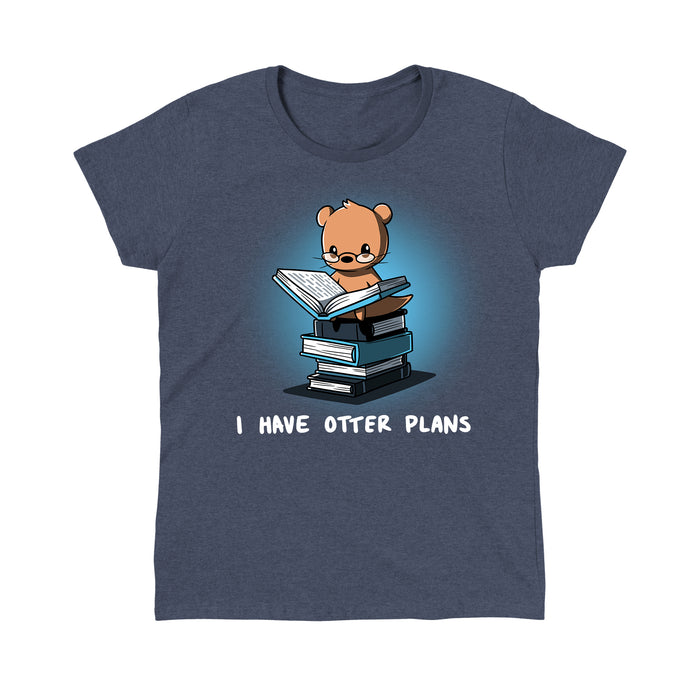 Classic Cotton T-shirt_Teeturtle heather navy I Have Otter Plans apparel featuring a studious-looking otter in reading glasses reading a book while sitting on a pile of books. Caption reads 'I Have Otter Plans'.