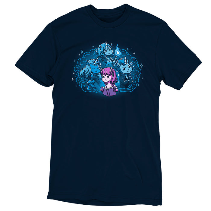 Premium Cotton T-shirt_TeeTurtle navy blue I Love My Fictional Boyfriends featuring a cute unicorn reading a book dreaming about their fictional boyfriends, an elf archer unicorn, a mage unicorn and a vampire unicorn.