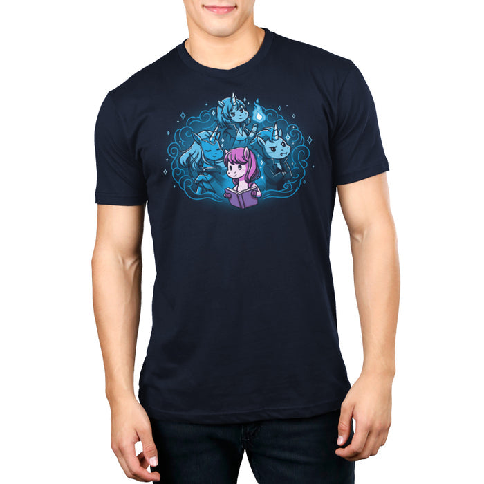 Premium Cotton T-shirt_TeeTurtle navy blue I Love My Fictional Boyfriends featuring a cute unicorn reading a book dreaming about their fictional boyfriends, an elf archer unicorn, a mage unicorn and a vampire unicorn.