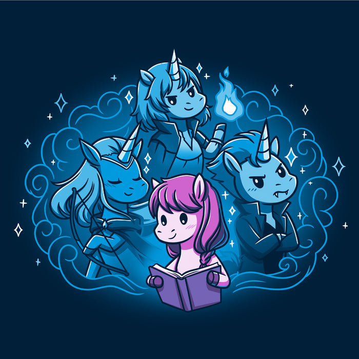 Classic Cotton T-shirt_TeeTurtle navy blue I Love My Fictional Boyfriends featuring a cute unicorn reading a book dreaming about their fictional boyfriends, an elf archer unicorn, a mage unicorn and a vampire unicorn.