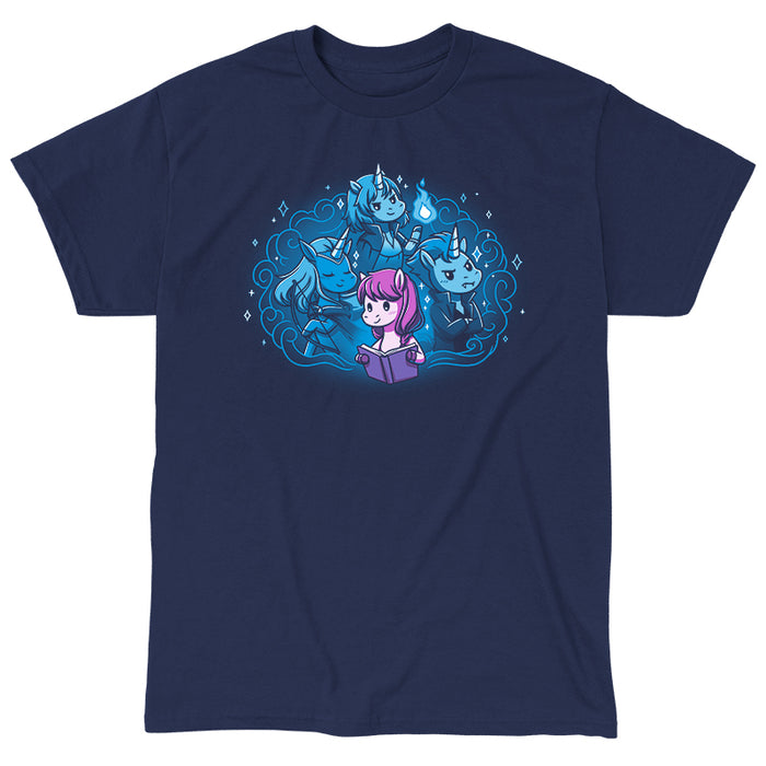 Classic Cotton T-shirt_TeeTurtle navy blue I Love My Fictional Boyfriends featuring a cute unicorn reading a book dreaming about their fictional boyfriends, an elf archer unicorn, a mage unicorn and a vampire unicorn.