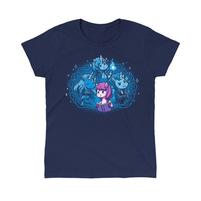 Classic Cotton T-shirt_TeeTurtle navy blue I Love My Fictional Boyfriends featuring a cute unicorn reading a book dreaming about their fictional boyfriends, an elf archer unicorn, a mage unicorn and a vampire unicorn.